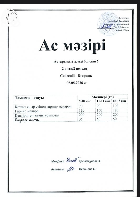 Бүгінгі ас мәзірі