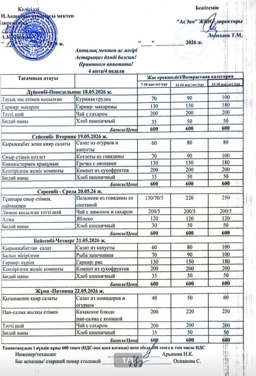 18 - 22 мамыр аралығындағы Ас мәзірі